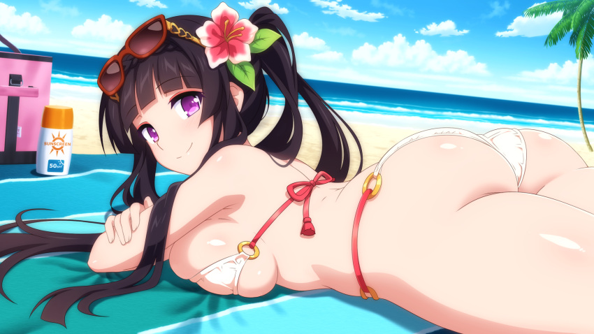 1girl ass bangs beach bikini black_hair blunt_bangs breasts closed_mouth day dutch_angle eyebrows_visible_through_hair eyeliner eyewear_on_head flower from_side game_cg hair_flower hair_ornament highres horizon large_breasts looking_at_viewer lying makeup non-web_source o-ring o-ring_bikini o-ring_bottom o-ring_top on_stomach outdoors ponytail sakura_succubus shiny shiny_skin sideboob sidelocks smile solo sunglasses swimsuit violet_eyes wanaca white_bikini