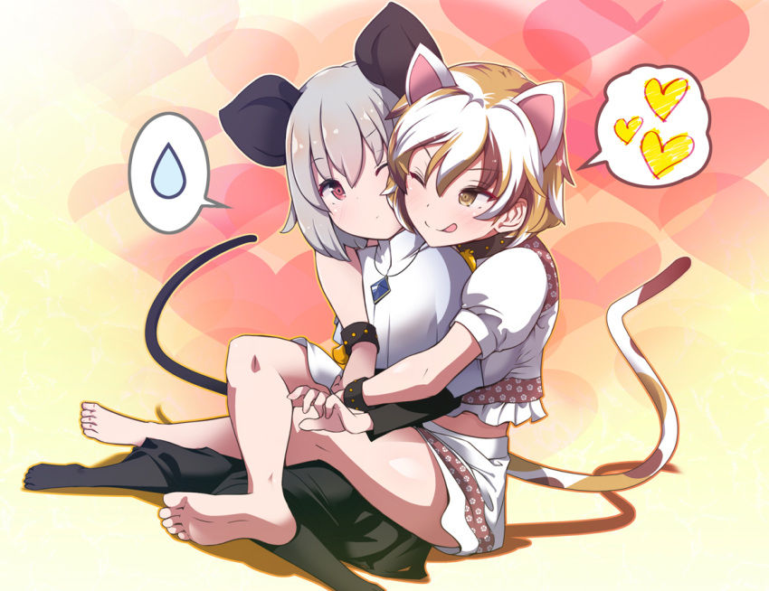 2girls ;q animal_ears bangs barefoot black_legwear breasts brown_eyes capelet cat_ears cat_tail commentary_request dress eyebrows_visible_through_hair flat_chest goutokuji_mike gradient gradient_background grey_dress hair_between_eyes heart heart_background leg_lock light_blush looking_at_another medium_breasts midriff mouse_ears mouse_tail multicolored_hair multiple_girls nazrin no_shoes one_eye_closed otoufu_(wddkq314band) pantyhose puffy_short_sleeves puffy_sleeves red_eyes shirt short_hair short_sleeves shorts silver_hair simple_background soles spoken_heart spoken_sweatdrop streaked_hair sweatdrop tail toes tongue tongue_out touhou white_capelet white_shirt white_shorts yuri