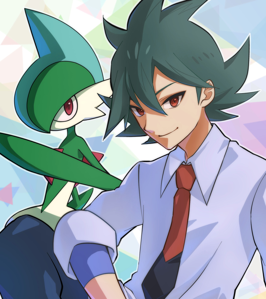 1boy bangs closed_mouth collared_shirt commentary_request gallade gen_4_pokemon green_hair grey_shirt hair_between_eyes highres male_focus necktie outline pokemon pokemon_(anime) pokemon_(creature) pokemon_swsh_(anime) punico_(punico_poke) red_eyes red_neckwear rinto_(pokemon) shirt sleeves_rolled_up smile two-tone_neckwear undershirt