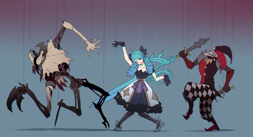 1girl 2boys absurdres arm_up black_gloves blue-eyes_white_dragon blue_hair checkered checkered_clothing checkered_legwear chromatic_aberration claws closed_mouth collarbone dagger dress drill_hair dual_wielding fiddlesticks gloves gradient gradient_hair gwen_(league_of_legends) heterochromia highres holding holding_dagger holding_weapon league_of_legends long_hair mechanical monster mr._skull multicolored_hair multiple_boys open_mouth oversized_object puppet puppet_strings red_eyes scar scar_on_neck scissors shaco sharp_teeth smile stitches string striped striped_legwear teeth tongue tongue_out torn torn_clothes twin_drills twintails violet_eyes weapon