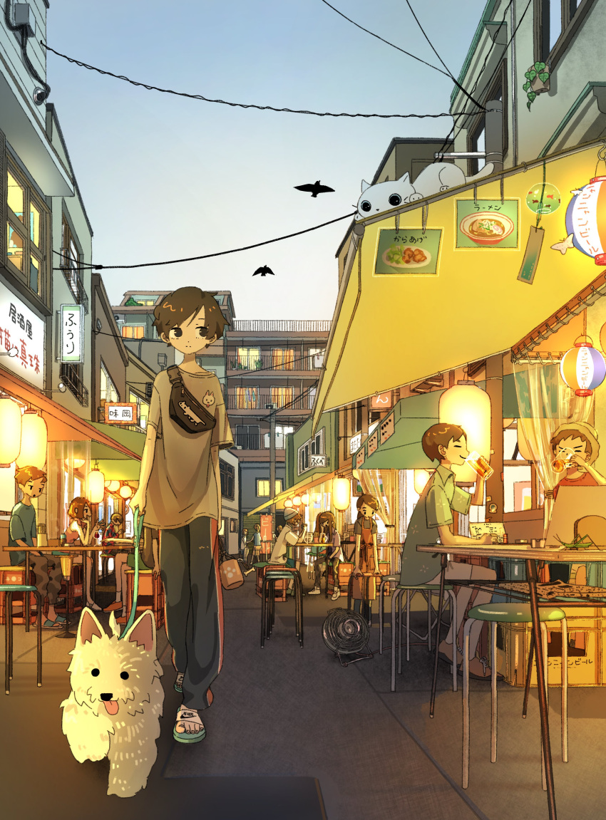 5boys 6+girls absurdres bird brown_hair brown_shirt cat closed_eyes dog dog_walking green_shirt hat highres lantern multiple_boys multiple_girls original outdoors profile sandals shirt short_hair short_sleeves smile standing tao_(tao15102) wide_shot