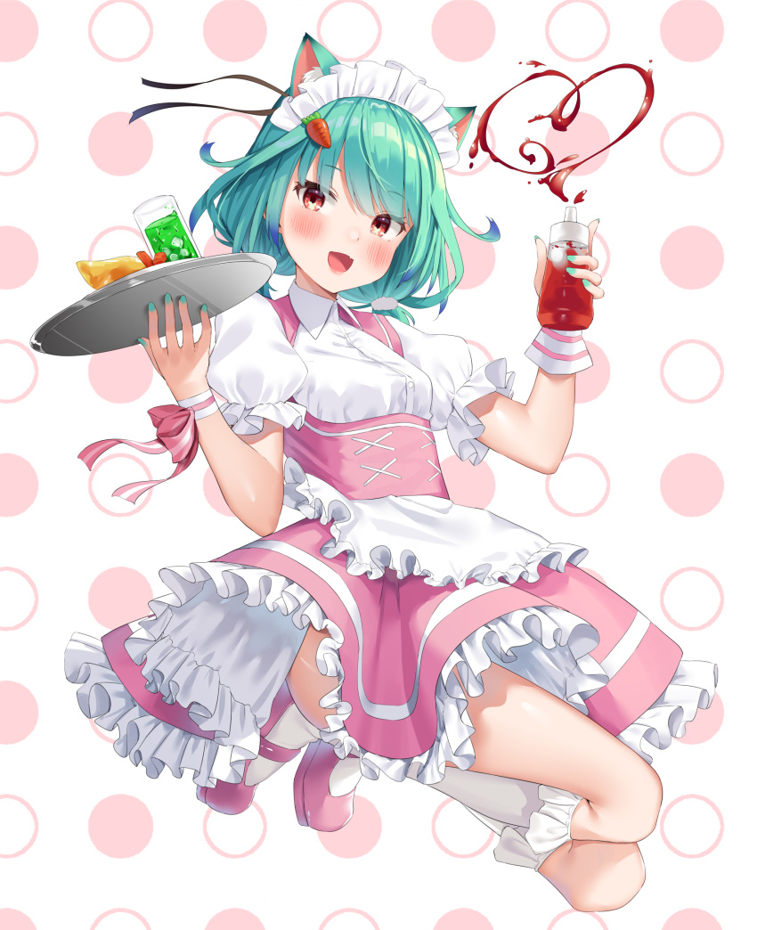 1girl :d alternate_costume animal_ear_fluff animal_ears apron bangs blush bottle breasts cat_ears collared_shirt cup drink drinking_glass eyebrows_visible_through_hair food frilled_apron frilled_legwear frilled_skirt frills green_hair heart highres holding holding_bottle holding_tray hololive ice ice_cube k_mugura ketchup ketchup_bottle kneehighs looking_at_viewer maid_headdress omurice open_mouth pink_footwear pink_skirt polka_dot polka_dot_background puffy_short_sleeves puffy_sleeves red_eyes shirt shoes short_sleeves skirt small_breasts smile solo tray uruha_rushia virtual_youtuber waist_apron white_apron white_background white_legwear white_shirt wrist_cuffs