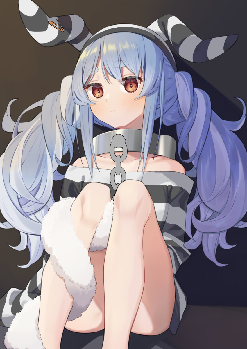 1girl absurdres animal_ears bangs bare_legs blue_hair blush braid bunny_girl chain collar collarbone commentary don-chan_(usada_pekora) highres hololive knees_up long_sleeves looking_at_viewer metal_collar multicolored_hair off-shoulder_shirt off_shoulder prison_clothes rabbit_ears red_eyes shirt short_eyebrows sidelocks sitting solo striped striped_headwear striped_shirt syhan thick_eyebrows twin_braids twintails two-tone_hair usada_pekora virtual_youtuber white_hair