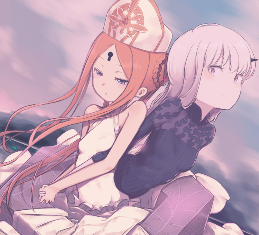 2girls abigail_williams_(fate) abigail_williams_(swimsuit_foreigner)_(fate) absurdres bangs bare_shoulders black_dress blonde_hair blue_eyes blush braid braided_bun breasts daisi_gi double_bun dress dress_swimsuit fate/grand_order fate_(series) forehead highres holding_hands horns keyhole lavinia_whateley_(fate) long_hair long_sleeves looking_at_viewer mitre multiple_girls open_mouth parted_bangs sidelocks single_horn small_breasts swimsuit twintails very_long_hair violet_eyes white_hair white_headwear white_swimsuit