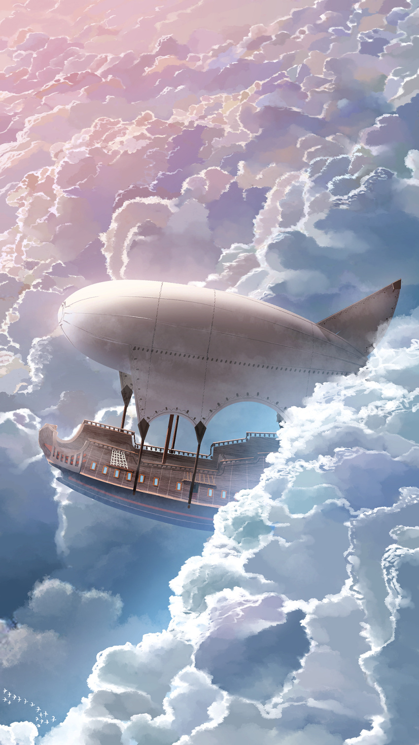 aircraft airship bird blue_sky clouds cloudy_sky commentary dirigible fantasy flock gradient_sky highres mast no_humans original pink_sky rigging scenery ship sky smile_(qd4nsvik) watercraft
