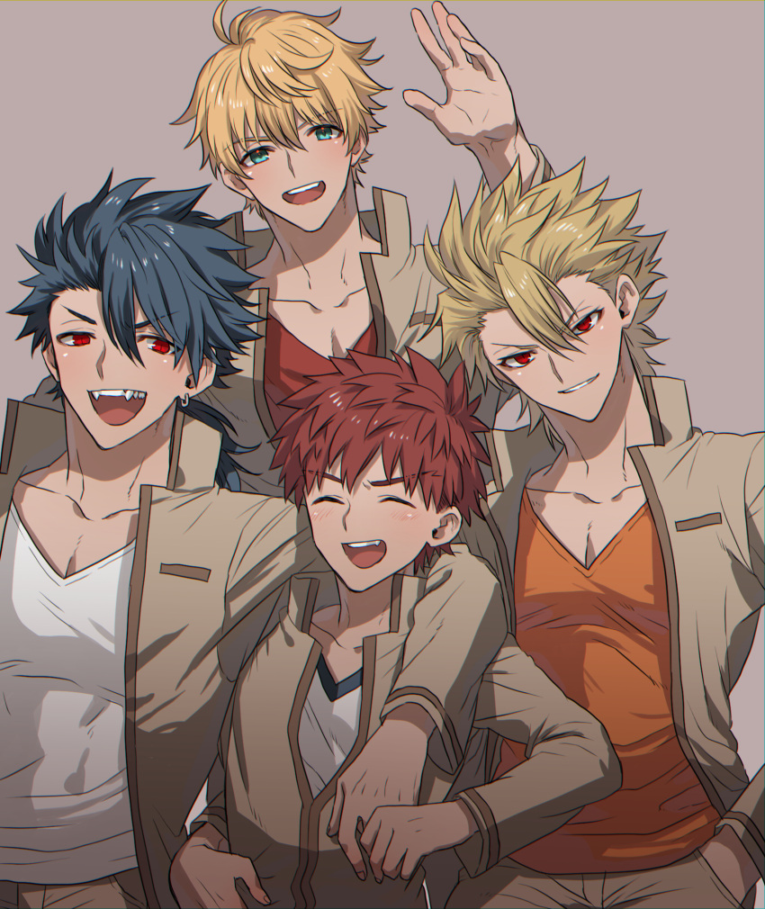 4boys ahoge archer_(fate/prototype) arm_on_shoulder arthur_pendragon_(fate) blonde_hair blue_eyes closed_eyes cu_chulainn_(fate)_(all) cu_chulainn_(fate/prototype) emiya_shirou fangs fate/prototype fate/stay_night fate_(series) green_eyes highres homurahara_academy_uniform jacket long_hair multiple_boys none_(kameko227) open_mouth orange_hair orange_shirt ponytail red_eyes red_shirt school_uniform shirt simple_background smile spiky_hair teeth waving white_shirt