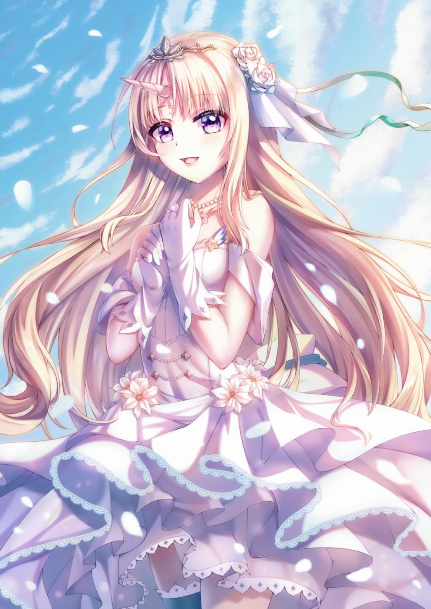 1girl bangs blonde_hair chinese_commentary civia clouds dress eyebrows_visible_through_hair flower gloves hair_flower hair_ornament hands_on_own_chest highres hololive hololive_china horns jewelry jinse_fu_yaojing looking_at_viewer necklace open_mouth parted_bangs pearl_necklace single_horn sky smile solo tiara unicorn_girl violet_eyes virtual_youtuber wedding_dress white_dress white_flower white_gloves