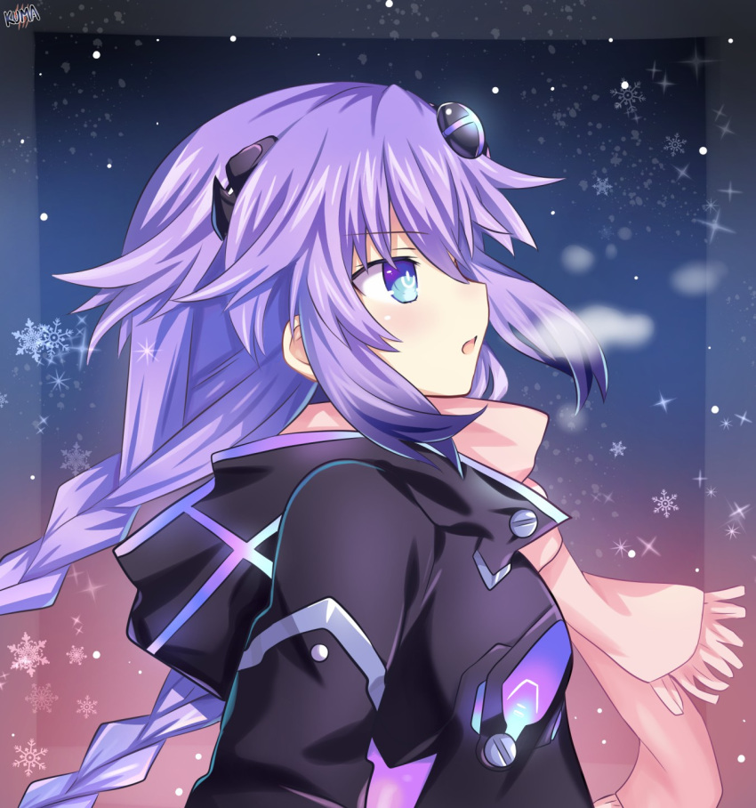 1girl alternate_costume bare_shoulders blue_eyes blush braid breasts eyebrows_visible_through_hair face from_side hair_between_eyes hair_ornament highres lewdkuma long_hair neptune_(series) power_symbol purple_hair purple_heart serious solo symbol-shaped_pupils twin_braids winter winter_clothes