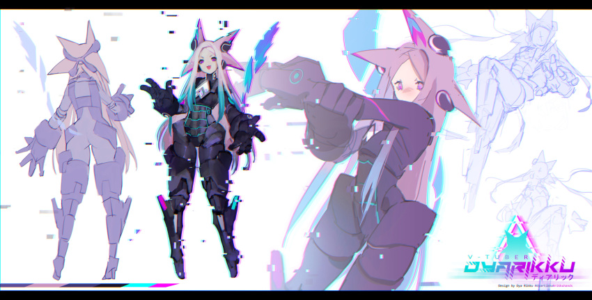 1girl :3 absurdres android animal_ears artist_name character_name character_sheet dyarikku dyarikku_(vtuber) fox_ears glitch hand_on_own_arm highres indie_virtual_youtuber long_hair mechanical_arms mechanical_legs multiple_views open_hands open_mouth pink_hair sketch v-shaped_eyebrows very_long_hair violet_eyes virtual_youtuber