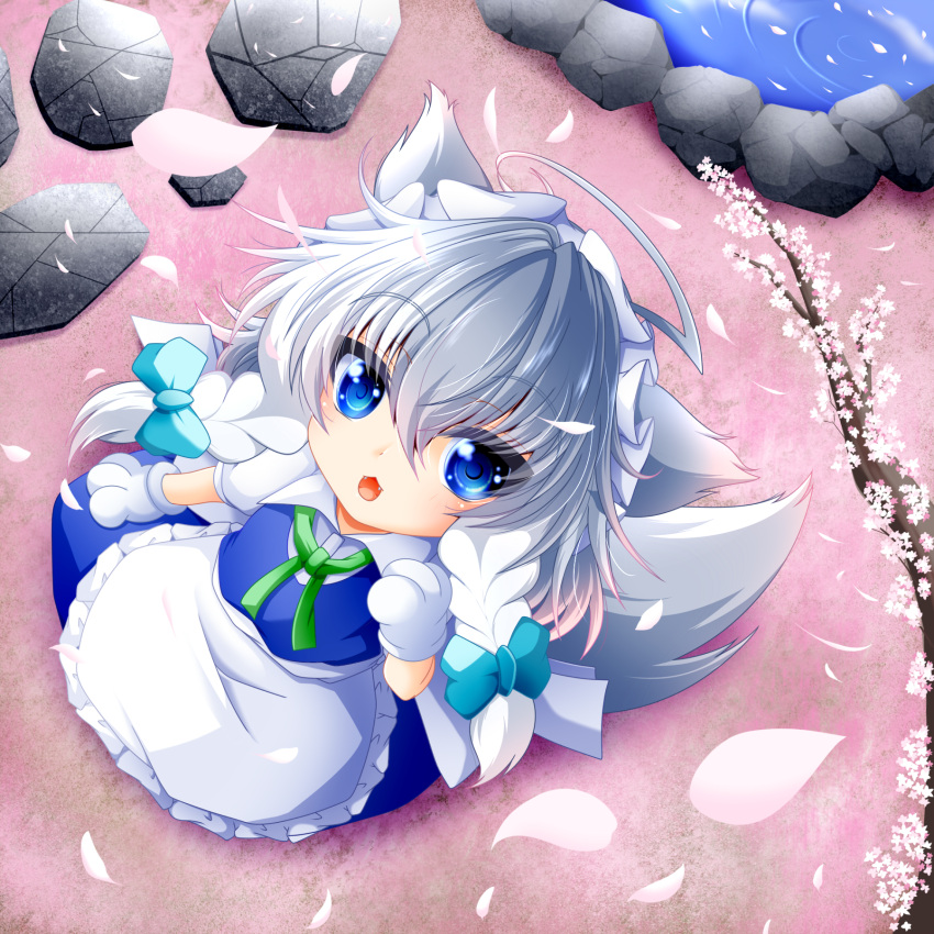 1girl :3 ahoge animal_ears apron arm_up blue_eyes blue_vest braid cherry_blossoms chibi commentary_request dog_ears dog_tail eyebrows_visible_through_hair fangs from_above gloves green_neckwear green_ribbon hair_between_eyes highres inu_sakuya izayoi_sakuya looking_at_viewer looking_up maid muumuu_(sirufuruteienn) open_mouth partial_commentary paw_gloves paws petals petals_on_liquid pond puffy_short_sleeves puffy_sleeves ribbon rock shirt short_hair short_sleeves silver_hair solo standing stepping_stones tail touhou tree_branch twin_braids vest waist_apron white_shirt