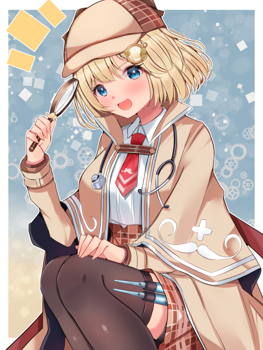 1girl :d blonde_hair blue_eyes blush bob_cut breasts brown_headwear capelet collared_shirt deerstalker detective hair_ornament hat high-waist_skirt highres holding_magnifying_glass hololive hololive_english large_breasts looking_at_viewer magnifying_glass mi_taro333 monocle monocle_hair_ornament necktie notice_lines open_mouth plaid plaid_skirt red_neckwear shirt short_hair skirt smile solo syringe syringe_holster thigh-highs trench_coat virtual_youtuber watson_amelia white_shirt wing_collar