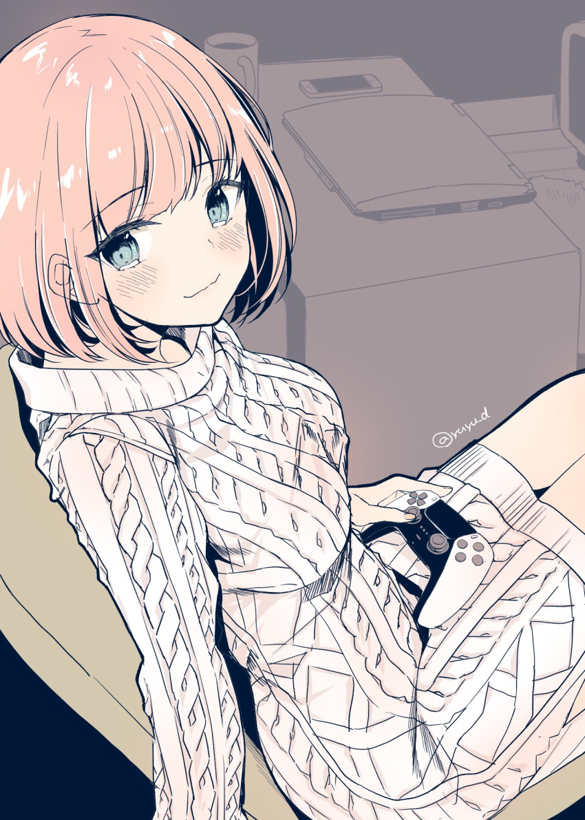 1girl blue_eyes blush cable_knit closed_mouth controller cup dress highres holding holding_controller indoors long_sleeves looking_at_viewer orange_hair original phone short_hair signature smile solo sweater sweater_dress table television white_dress white_sweater yu_yu