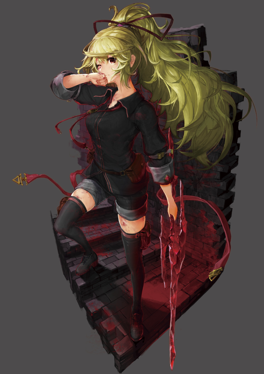 1girl blonde_hair blood bow clenched_hand copyright_request croriin fantasy faux_figurine hair_bow hand_on_own_cheek hand_on_own_face highres holding holding_weapon ponytail red_bow red_ribbon ribbon stairs sword thigh-highs tied_hair weapon