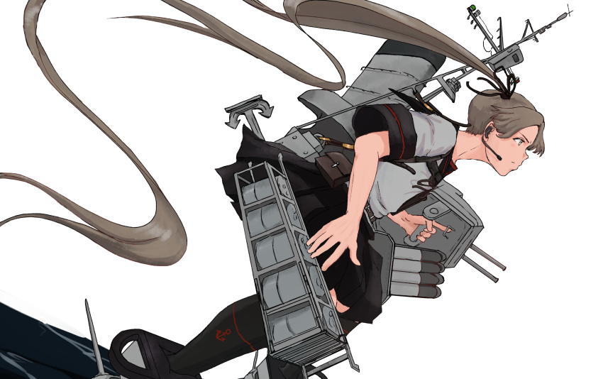 1girl anchor anchor_symbol ayanami_(kancolle) black_sailor_collar black_skirt brown_hair brown_neckwear closed_mouth from_side hair_ribbon headset highres holding kantai_collection kuragare long_hair pleated_skirt ponytail pouch profile remodel_(kantai_collection) ribbon rigging sailor_collar school_uniform serafuku side_ponytail simple_background skirt solo very_long_hair water white_background