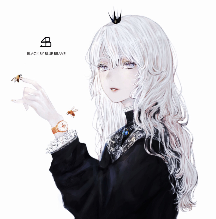 1girl bangs bee black_by_blue_brave black_dress bug copyright_name crown dress hand_up highres insect long_hair long_sleeves original parted_lips shirone_(coxo_ii) simple_background solo upper_body watch watch white_background white_eyes white_hair