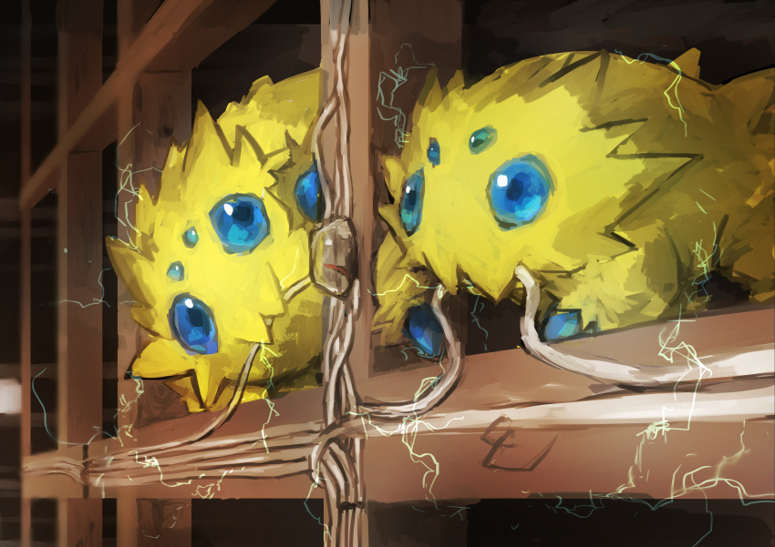 absurdres animal_focus blue_eyes brown_background bug commentary day_walker1117 eating electricity extra_eyes gen_5_pokemon highres joltik mouth_hold no_humans pokemon pokemon_(creature) wire wood