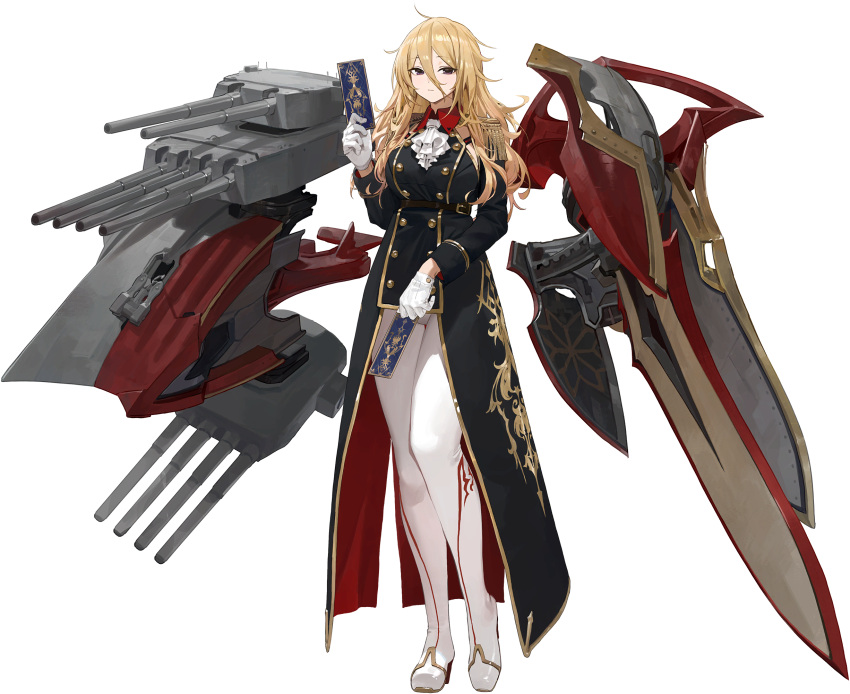 1girl artist_request ascot bangs blonde_hair blue_oath breasts card closed_mouth duke_of_york_(blue_oath) epaulettes gloves hair_between_eyes highres holding holding_card long_hair long_sleeves messy_hair military military_uniform official_art pantyhose rigging solo standing transparent_background uniform violet_eyes white_gloves white_legwear white_neckwear