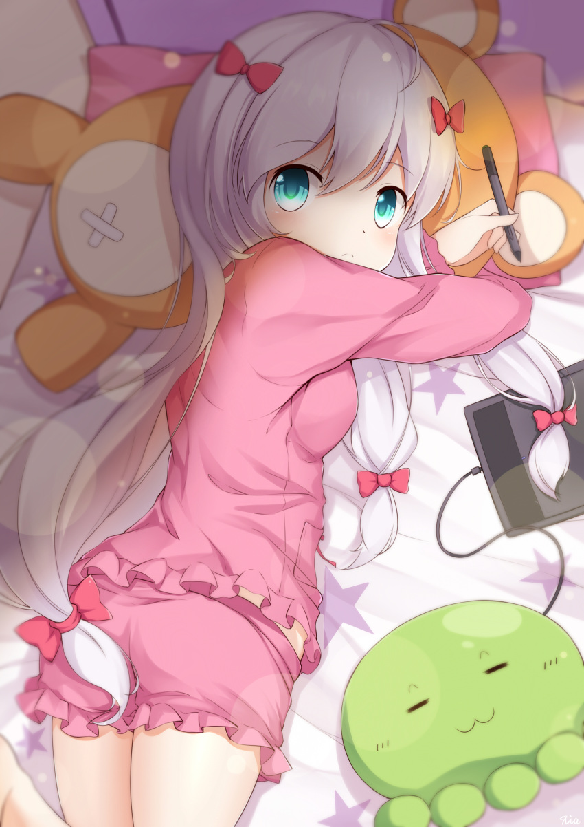 1girl absurdres aqua_eyes bow drawing_tablet eromanga_sensei hair_bow highres holding holding_stylus izumi_sagiri long_hair low-tied_long_hair pajamas pink_bow pink_pajamas pink_shorts poinia shorts silver_hair solo star_(symbol) stuffed_animal stuffed_octopus stuffed_toy stylus teddy_bear tri_tails white_hair