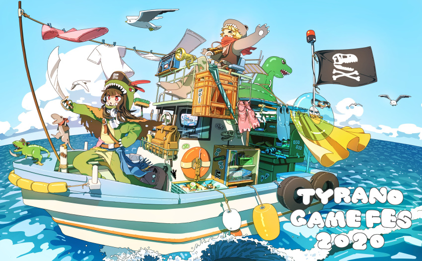 2020 2girls absurdres bangs bird blonde_hair blue_sky blush boat brown_hair closed_eyes clouds dinosaur dinosaur_costume highres holding holding_sword holding_weapon hood hood_up innertube jolly_roger multiple_girls original pink_shirt pirate red_eyes shadow shelf shirt sky sword tao_(tao15102) water watercraft weapon white_shirt