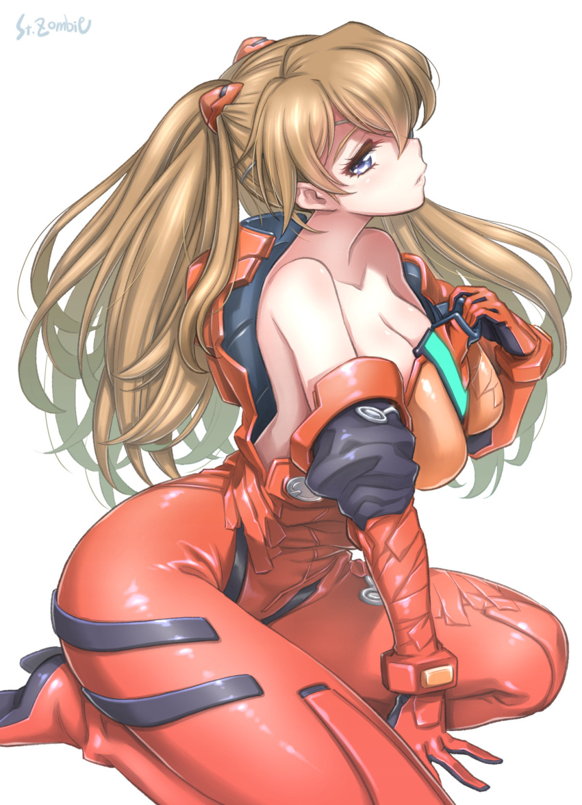 ass bodysuit breasts floor gainax hand_on_own_chest highres long_hair looking_to_the_side neon_genesis_evangelion no_bra open_clothes open_shirt sitting souryuu_asuka_langley studiozombie thighs wariza