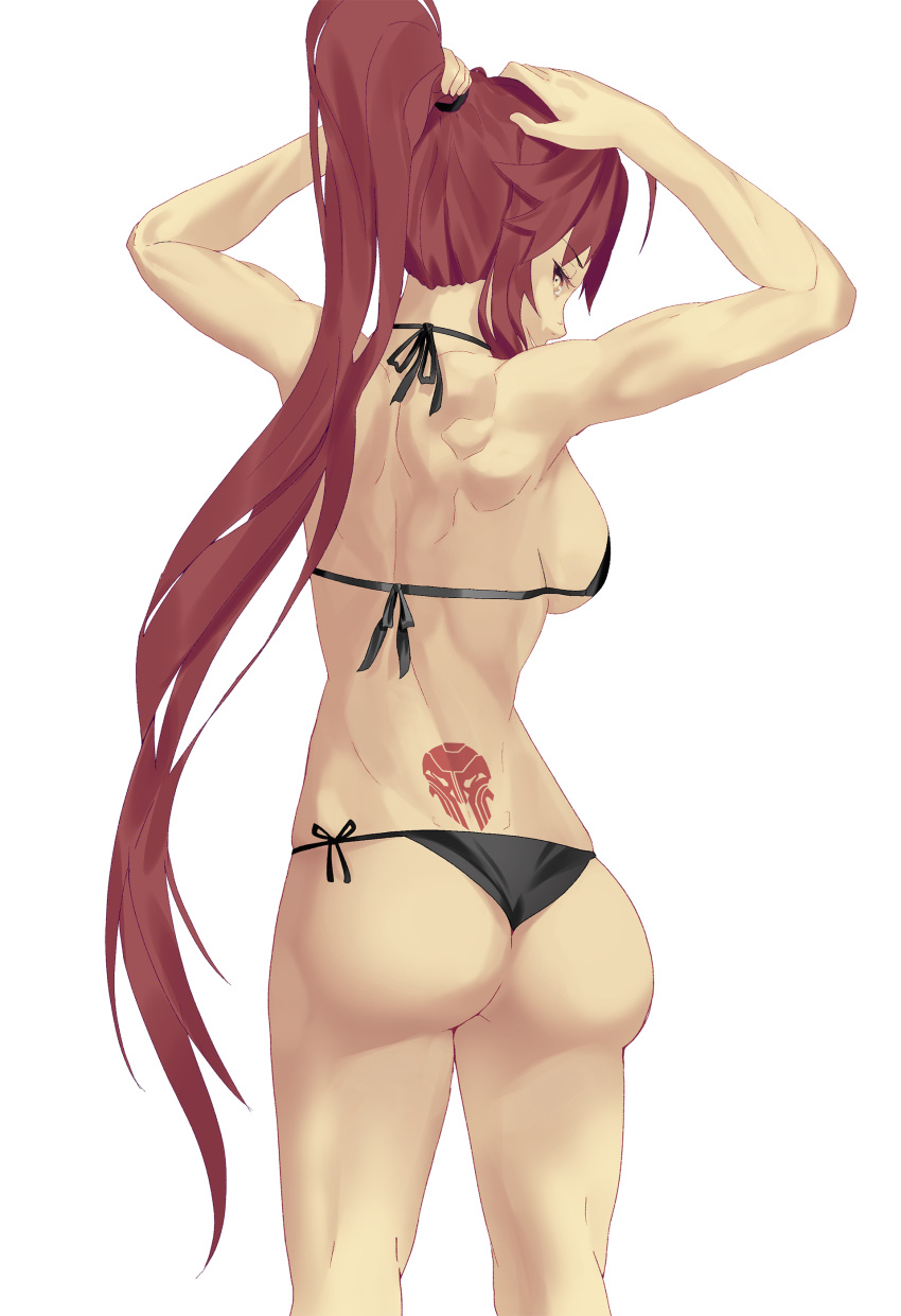 1girl absurdres ass back back_tattoo bikini black_bikini breasts commission english_commentary from_behind hand_on_head highres kuroi_enpitsu large_breasts long_hair looking_back ponytail sideboob solo swimsuit tattoo toned tramp_stamp tying_hair very_long_hair virtual_youtuber vshojo white_background yellow_eyes zentreya_(vtuber)
