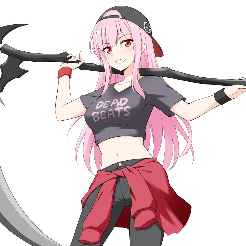 1girl absurdres bangs black_pants black_shirt blush breasts clothes_around_waist clothes_writing collarbone commentary cowboy_shot crop_top eyebrows_visible_through_hair felutiahime grin hat highres holding holding_scythe holding_weapon hololive long_hair looking_at_viewer medium_breasts midriff mori_calliope navel over_shoulder pants pink_hair red_eyes red_sweater scythe shiny shiny_hair shirt short_sleeves simple_background smile solo standing stomach sweater sweater_around_waist two-sided_fabric virtual_youtuber weapon weapon_over_shoulder white_background