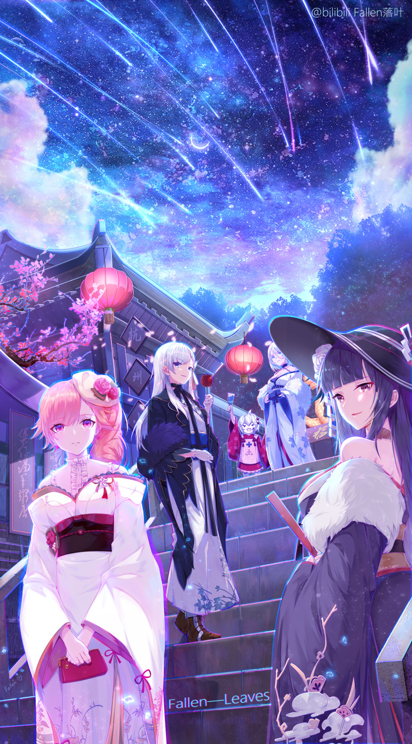 &gt;_&lt; 1girl 5girls absurdres architecture artist_name azur_lane bare_shoulders belfast_(azur_lane) belfast_(gorgeous_fans)_(azur_lane) black_coat black_gloves black_hair black_headwear black_kimono black_sash blue_eyes blue_sash breasts candy_apple cane center_frills cherry_blossoms chromatic_aberration closed_fan clouds coat crescent drill_hair drill_ponytail earrings east_asian_architecture fallen-leaves fan feather_boa floral_print flower folding_fan food frills from_below gloves hair_behind_ear hair_between_eyes hat hat_flower highres hime_cut holding holding_cane holding_fan holding_food holding_purse japanese_clothes jewelry kimono kimono_dress lantern large_breasts long_hair looking_at_viewer looking_to_the_side multiple_girls night night_sky off-shoulder_kimono official_alternate_costume open_mouth orange_hair paper_lantern petals peter_strasser_(azur_lane) peter_strasser_(chronos's_kalendae)_(azur_lane) red_eyes red_kimono red_sash richelieu_(azur_lane) richelieu_(evergreen_prophecy)_(azur_lane) sash shark_print shooting_star short_hair side_drill single_drill sky stairs star_(sky) tilted_headwear tirpitz_(azur_lane) tirpitz_(seasonal_pine_and_the_frost_flower)_(azur_lane) u-110_(azur_lane) u-110_(new_year_small_shark)_(azur_lane) very_long_hair violet_eyes white_gloves white_hair white_kimono wide_sleeves yellow_sash