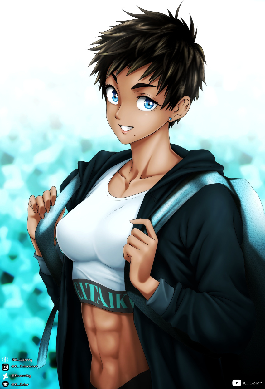 1girl abs absurdres backpack bag black_hair blue_eyes colorized crop_top dark_skin derivative_work highres jacket looking_at_viewer murata_yuusuke navel official_art one-punch_man rcoloring simple_background solo suiko_(one-punch_man) watermark web_address