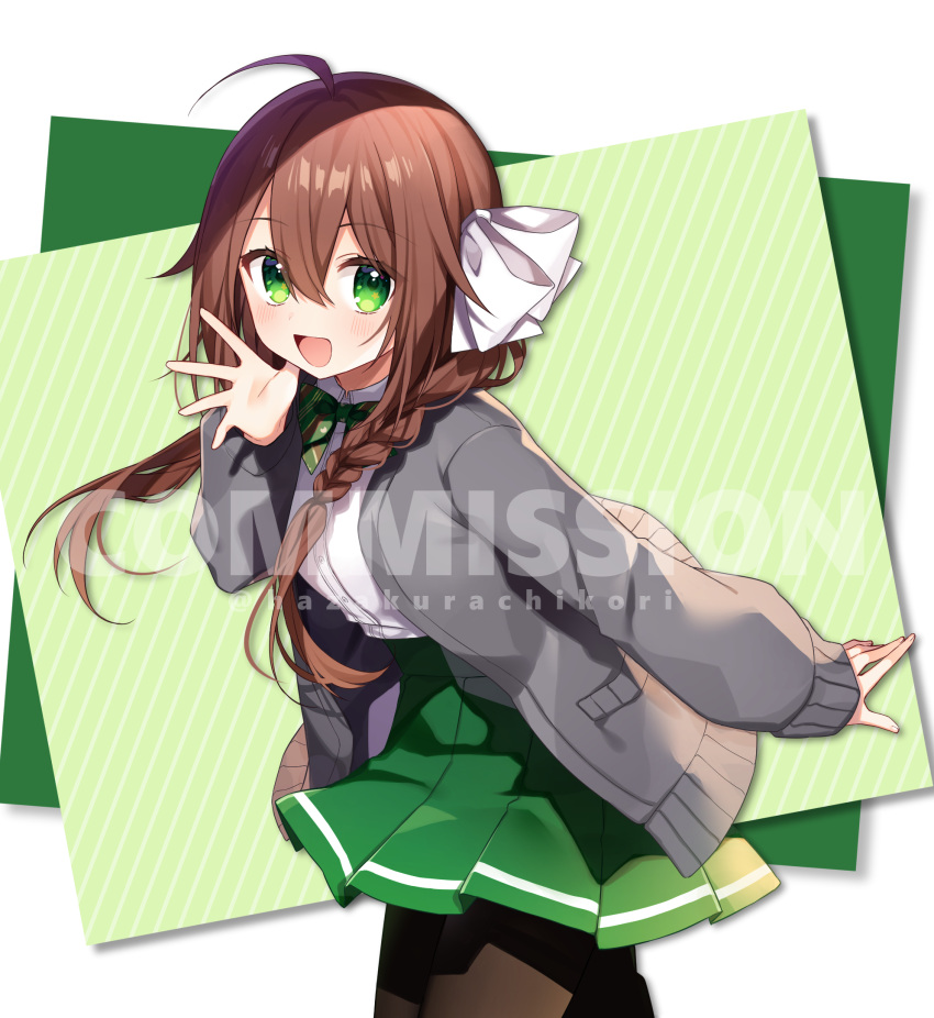 1girl :d ahoge bangs black_legwear bow braid brown_hair cardigan collared_shirt commission diagonal_stripes dress_shirt eyebrows_visible_through_hair green_background green_eyes green_skirt grey_cardigan hair_between_eyes hair_bow hair_over_shoulder hand_up hazakura_chikori highres long_hair long_sleeves looking_at_viewer open_cardigan open_clothes open_mouth original pantyhose pleated_skirt school_uniform shirt skeb_commission skirt sleeves_past_wrists smile solo striped striped_background twin_braids watermark white_background white_bow white_shirt