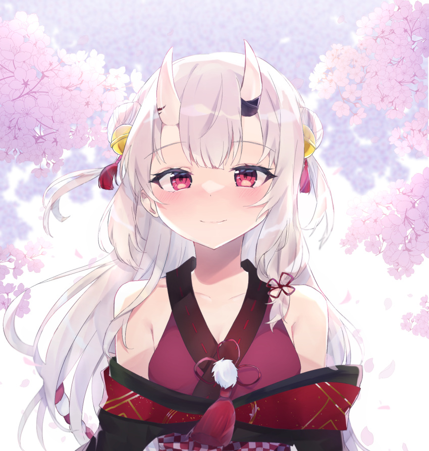 1girl bangs bell blush breasts cherry_blossoms collarbone double_bun eyebrows_visible_through_hair hair_ornament highres hololive horn_ornament horns japanese_clothes jingle_bell kimono kouhaku_nawa long_hair looking_at_viewer nakami_(lhyqc) nakiri_ayame off-shoulder_kimono oni oni_horns outdoors pom_pom_(clothes) red_eyes silver_hair smile solo virtual_youtuber