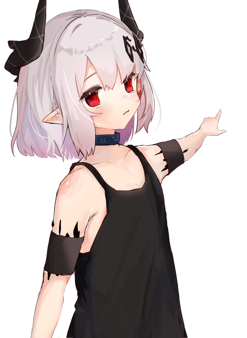 1girl alternate_hairstyle arknights armpit_crease bangs bare_shoulders demon_girl demon_horns grey_hair hair_ornament hairclip highres horns infection_monitor_(arknights) mudrock_(arknights) oripathy_lesion_(arknights) parted_lips pointing pointy_ears shinogu_ao short_hair solo white_background younger