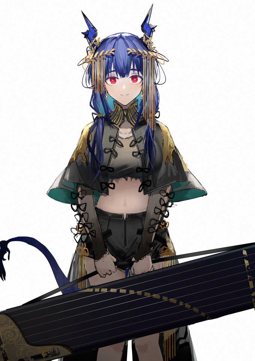 1girl alternate_costume arknights bangs black_capelet blue_hair capelet ch'en_(arknights) crop_top dragon_horns dragon_tail feet_out_of_frame grey_shirt highres holding horns long_hair looking_at_viewer midriff navel red_eyes shirt simple_background smile solo standing stomach tail white_background yuuki_mix
