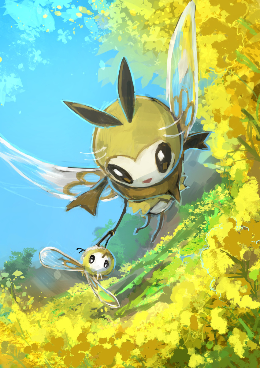 absurdres artist_name black_eyes blue_sky bug commentary cutiefly day day_walker1117 english_text eye_contact fairy field flower flower_field flying full_body gen_7_pokemon grass highres holding_hands insect_wings looking_at_another looking_back outdoors pokemon pokemon_(creature) ribombee signature sky tree wings yellow_flower yellow_theme