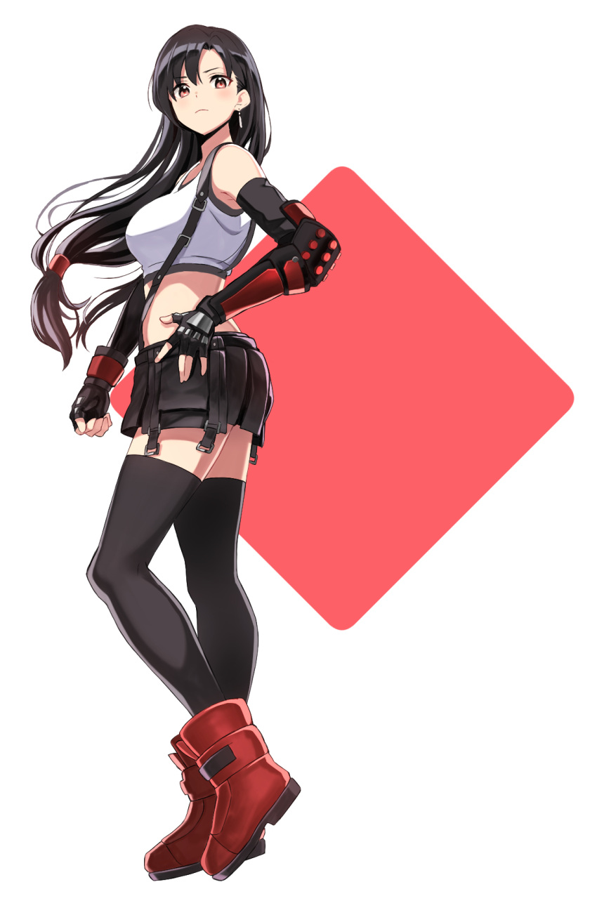 1girl armor bangs black_hair black_legwear black_skirt boots breasts closed_mouth commentary_request earrings elbow_gloves elbow_pads final_fantasy final_fantasy_vii final_fantasy_vii_remake fingernails from_side full_body gloves highres hirono_(hxze4434) jewelry long_hair looking_at_viewer low-tied_long_hair medium_breasts midriff miniskirt red_eyes shiny shiny_hair simple_background skirt solo standing suspender_skirt suspenders tank_top thigh-highs tifa_lockhart white_background white_tank_top zettai_ryouiki