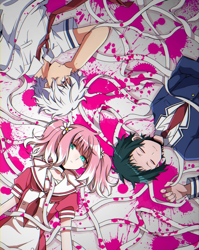 1girl 2boys bandages black_hair blood blood_splatter bloody_bandages blue_jacket buttons commentary_request empty_eyes expressionless eyebrows_visible_through_hair flower green_eyes hair_flower hair_ornament highres hiiragi_nana jacket light_smile long_sleeves looking_at_viewer lying multicolored_hair multiple_boys munou_na_nana nakajima_nanao neckerchief necktie onodera_kyouya parted_lips pink_blood pink_hair pocket red_neckwear red_shirt sailor_collar sanpaku school_uniform shaded_face shiny shiny_hair shirt short_sleeves smile twintails two-tone_hair upper_body violet_eyes wavy_hair white_flower white_hair white_sailor_collar white_shirt yukisa