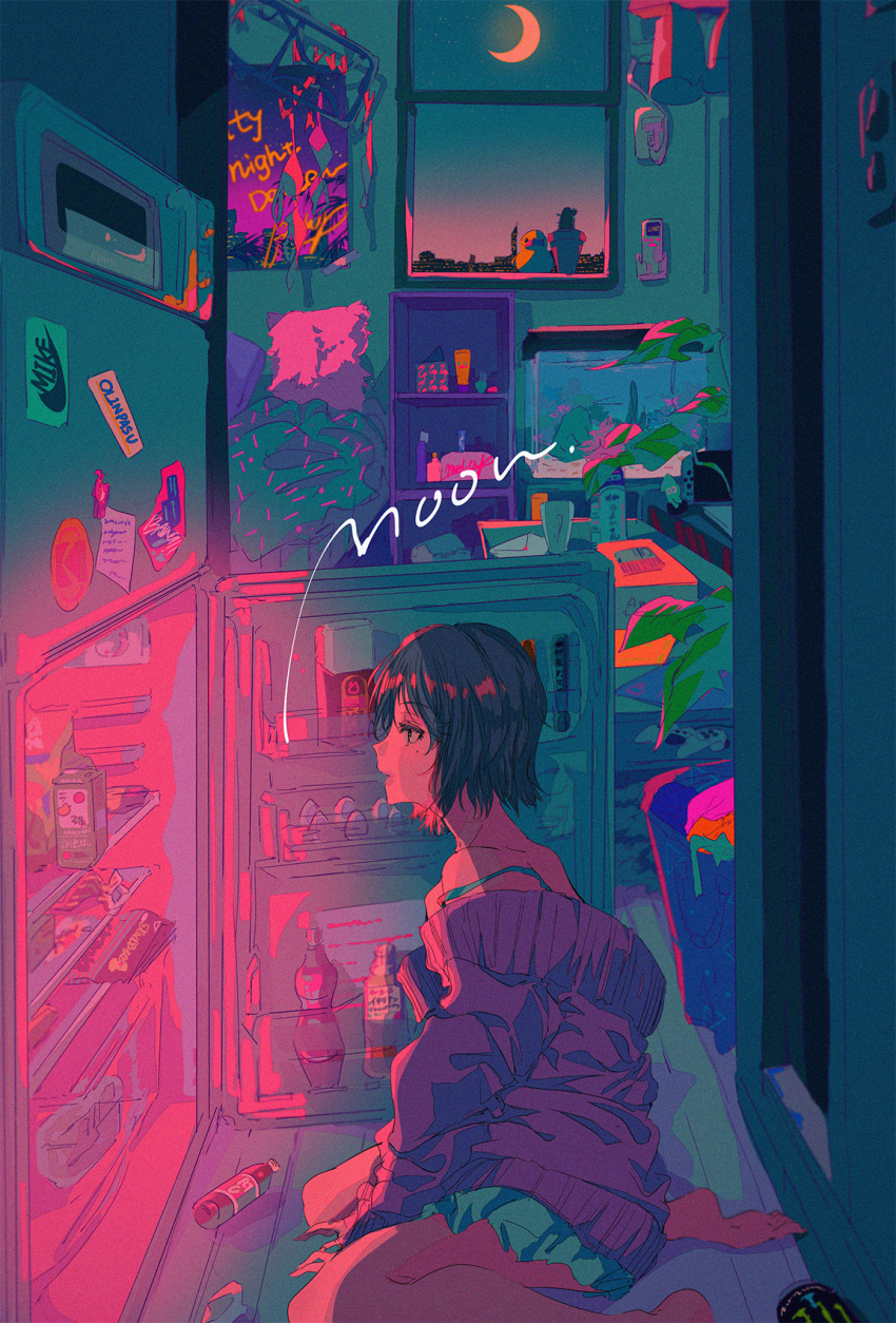 1girl barefoot black_hair crescent_moon glowing highres leaf letter moon najuco_(naju0517) original plant potted_plant profile refrigerator shelf short_hair sitting solo table wide_shot window