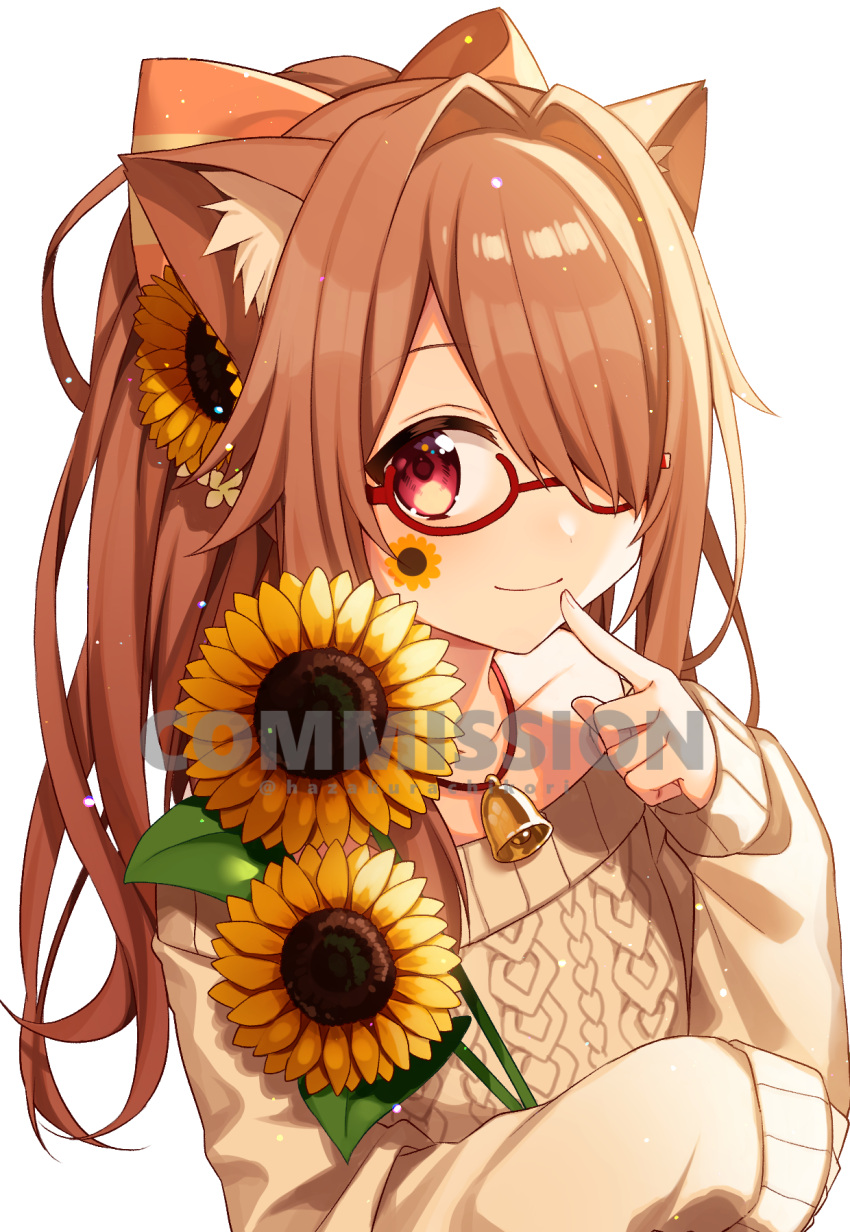 1girl bangs bare_shoulders bell blush brown_hair brown_sweater closed_mouth collarbone commission eyebrows_visible_through_hair facial_mark flower glasses hair_flower hair_ornament hair_over_one_eye hand_up hazakura_chikori highres long_hair long_sleeves looking_at_viewer off-shoulder_sweater off_shoulder original ponytail red-framed_eyewear red_eyes semi-rimless_eyewear simple_background skeb_commission sleeves_past_wrists smile solo sunflower sweater under-rim_eyewear upper_body watermark white_background yellow_flower