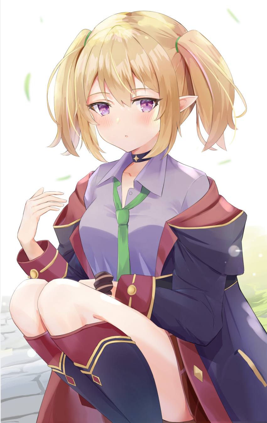 1girl black_choker blonde_hair blush chloe_(princess_connect!) choker coat collared_shirt dress_shirt embarrassed green_neckwear hair_tie highres looking_at_viewer necktie off_shoulder parted_lips princess_connect! princess_connect!_re:dive shirt short_hair sisoha solo squatting twintails violet_eyes white_shirt