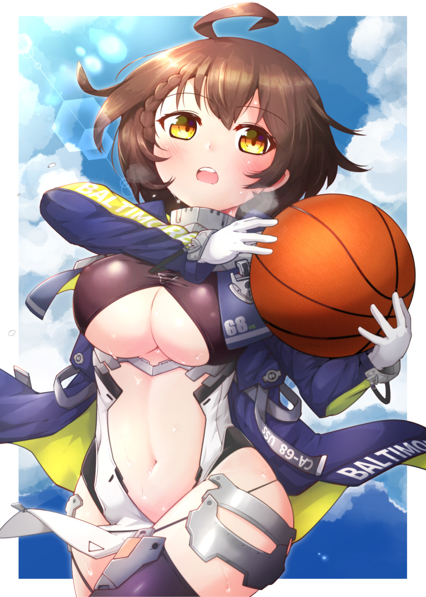 1girl ahoge azur_lane ball baltimore_(azur_lane) bangs basketball black_legwear blue_coat blue_sky blush braid breasts brown_hair center_opening character_name clothing_cutout clouds coat commentary_request cowboy_shot day eyebrows_visible_through_hair faulds french_braid garter_straps gloves hair_between_eyes heavy_breathing highres holding holding_ball hooded_coat kado_(hametunoasioto) large_breasts lens_flare long_sleeves looking_at_viewer multicolored_coat navel number open_clothes open_coat open_mouth pelvic_curtain short_hair sidelocks skindentation sky solo standing stomach_cutout sweat taut_clothes thigh-highs under_boob underboob_cutout upper_teeth visor_(armor) white_gloves yellow_eyes