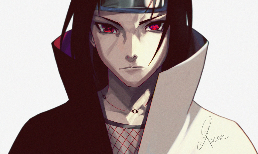 1boy black_hair black_jacket blue_headband collarbone english_commentary expresionless grey_background headband highres jacket jewelry kuroi_enpitsu looking_at_viewer male_focus naruto_(series) necklace sharingan signature solo two-tone_jacket uchiha_itachi upper_body white_jacket