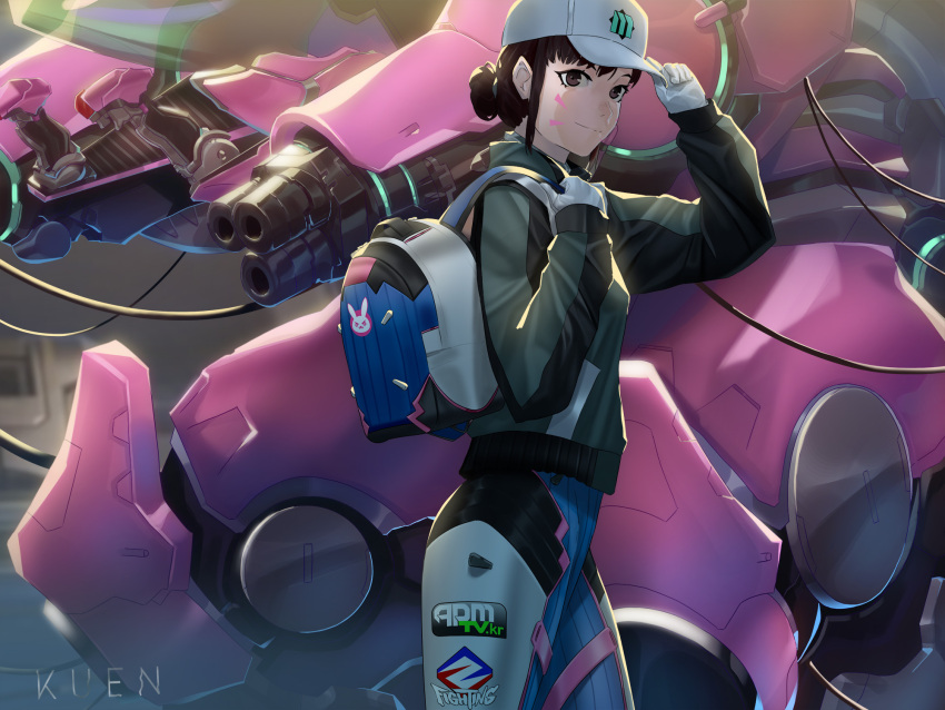 1girl alternate_costume alternate_hairstyle arm_cannon artist_name backpack bag baseball_cap bodysuit_under_clothes brown_eyes d.va_(overwatch) from_side gloves grey_headwear hair_behind_ear hair_bun hat hat_tip highres kuroi_enpitsu looking_at_viewer mecha overwatch pilot_suit science_fiction smile solo walking weapon white_gloves
