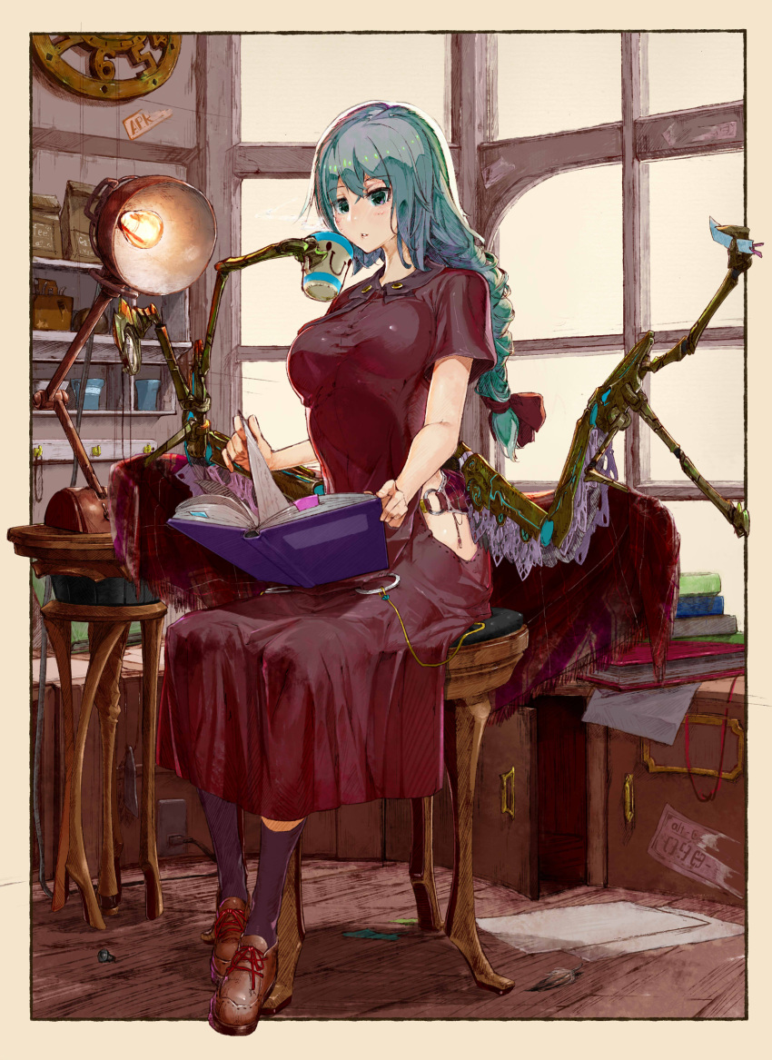 1girl absurdres black_legwear blowing blue_eyes blue_hair book book_stack bookmark border braid brown_footwear croriin cup dress feathers full_body hatching_(texture) highres holding holding_book lamp light_bulb long_braid long_hair mechanical_arms o-ring original outside_border paper reading screw seed_bag shoelaces sitting solo steam tools turning_page white_border