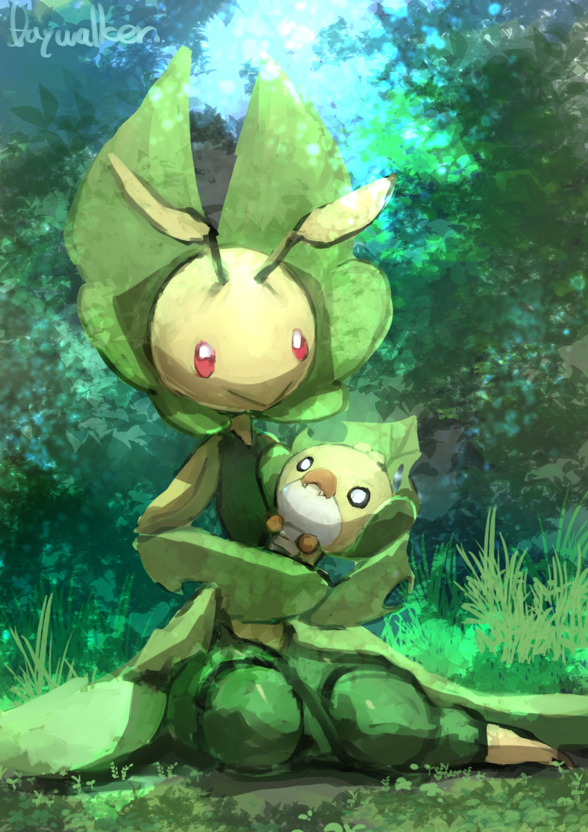 1girl :&gt; absurdres antennae arthropod_girl artist_name blank_eyes blue_sky carrying closed_mouth colored_skin commentary day day_walker1117 english_text fangs flat_chest forest full_body gen_5_pokemon grass green_theme highres holding holding_pokemon leavanny nature o_o outdoors pokemon pokemon_(creature) red_eyes sewaddle signature sitting sky tree white_eyes yellow_skin yokozuwari