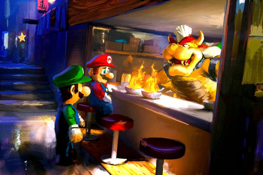 3boys absurdres big_nose blue_eyes blue_overalls bowser brown_hair chef_hat english_commentary facial_hair fangs fire flame food from_side gazedsoul gloves green_headwear green_shirt hat highres horns luigi mario super_mario_bros. multiple_boys mustache overalls red_eyes red_headwear redhead shirt short_hair sitting standing white_gloves
