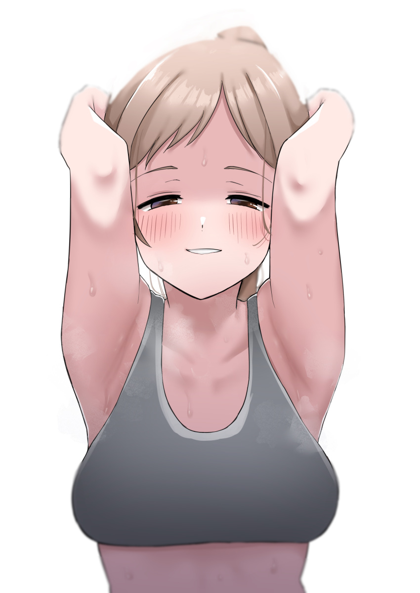 1girl absurdres armpits bangs blurry blush breasts collarbone half-closed_eyes hands_on_own_face highres idolmaster idolmaster_shiny_colors kobinbin looking_at_viewer medium_breasts ponytail sakuragi_mano simple_background smile solo sports_bra sportswear sweatdrop upper_body white_background