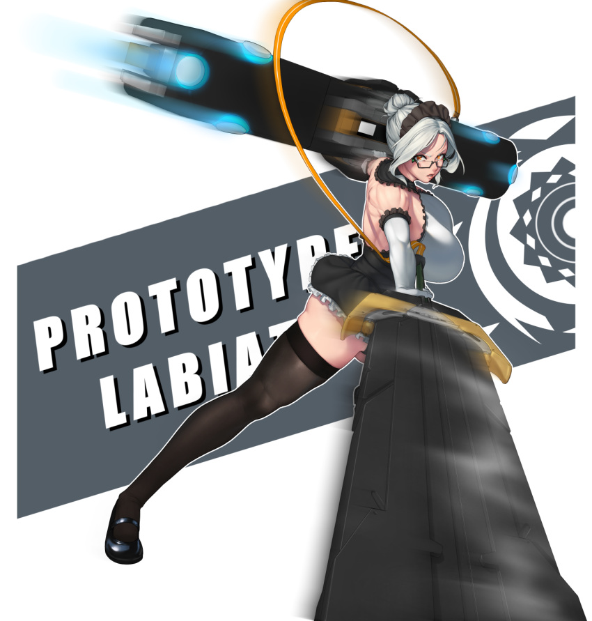 1girl beeeeen black_legwear breasts character_name dress hair_bun highres huge_breasts huge_weapon last_origin looking_at_viewer maid_headdress mary_janes prototype_labiata red_eyes shoes silver_hair simple_background solo sword thigh-highs updo weapon white_background