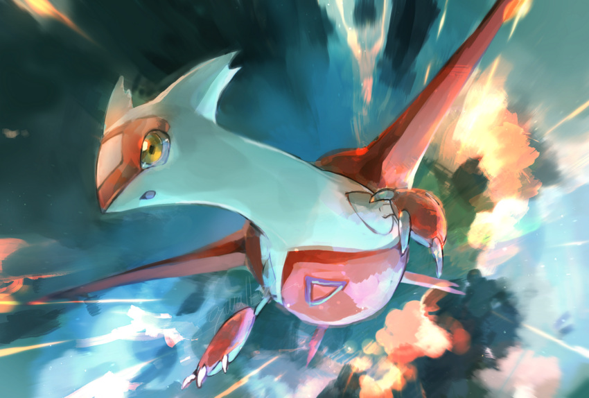 artist_name claws commentary_request day_walker1117 dragon english_text explosion flying gen_3_pokemon highres latias legendary_pokemon no_humans one-hour_drawing_challenge open_mouth pokemon pokemon_(creature) signature solo wings yellow_eyes