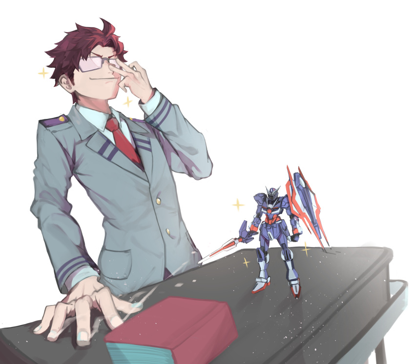 1boy absurdres boku_no_hero_academia book closed_mouth commission desk dokuro_deluxe fingernails glasses gundam gunpla hand_on_eyewear highres holding holding_sword holding_weapon light_particles male_focus necktie original red_neckwear redhead school_uniform shield simple_background smile solo sparkle standing sword uniform v-fin weapon white_background