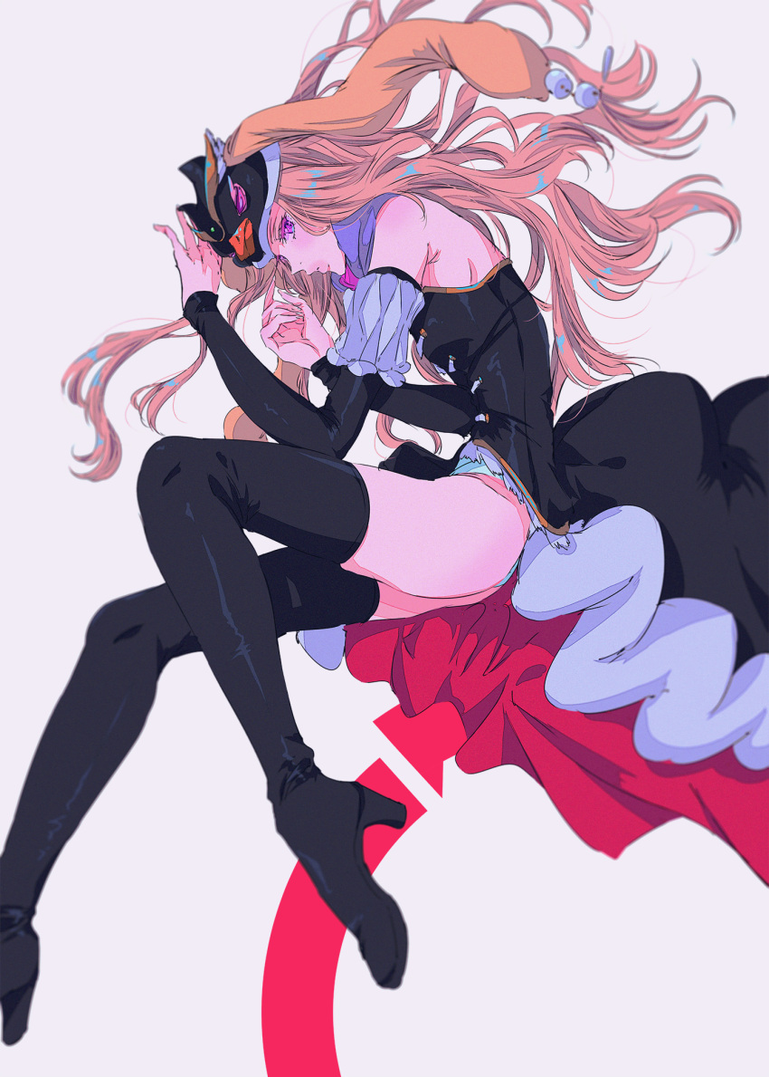 1girl black_dress black_footwear black_sleeves blonde_hair boots detached_sleeves dress full_body grey_background hands_up high_heel_boots high_heels highres long_hair looking_at_viewer mawaru_penguindrum najuco_(naju0517) princess_of_the_crystal profile simple_background solo thigh-highs thigh_boots violet_eyes