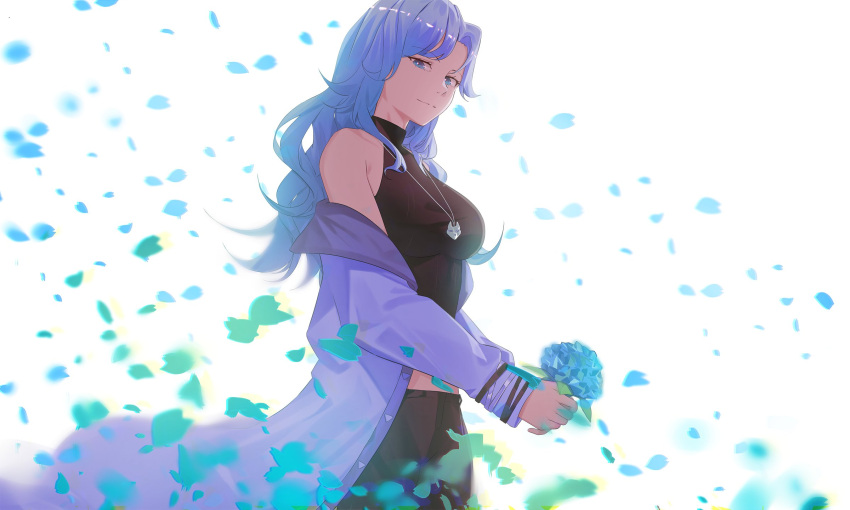 1girl black_pants black_shirt blue_flower blue_hair breasts floating flower from_side gradient_hair highres holding holding_flower jacket jewelry kuroi_enpitsu looking_down mamavale medium_breasts multicolored_hair necklace off_shoulder pants petals purple_hair purple_jacket shirt sleeveless sleeveless_shirt solo symbol_commentary violet_eyes vshojo white_background